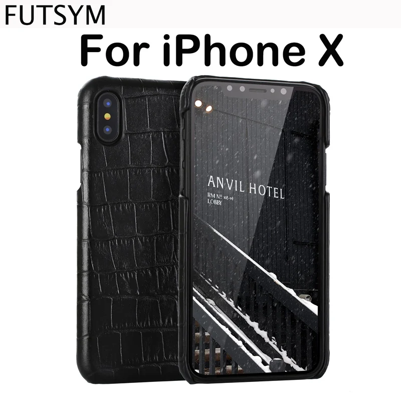 Luxury Vintage Genuine Real Leather Crocodile Pattern 3D Hard Back Cover for iPhone X Case 360 Degree Protect Ultra Thin Black