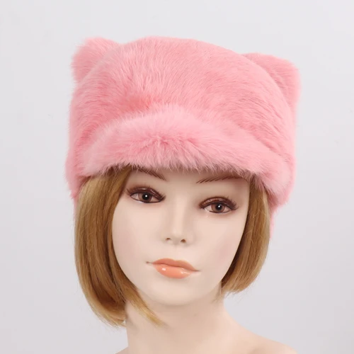 Новые милые шапки из натурального кроличьего меха для девочек, Зимняя женская теплая меховая шапка из натурального кролика, шапки из натурального меха, опт и розница - Цвет: pink