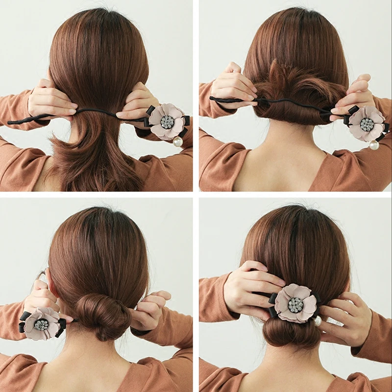 

1PC Elegant Women Fashion Magic DIY Flower Crystal Hair Styling Tools with Pearls Headband Fast Bun Maker Hair Accessories