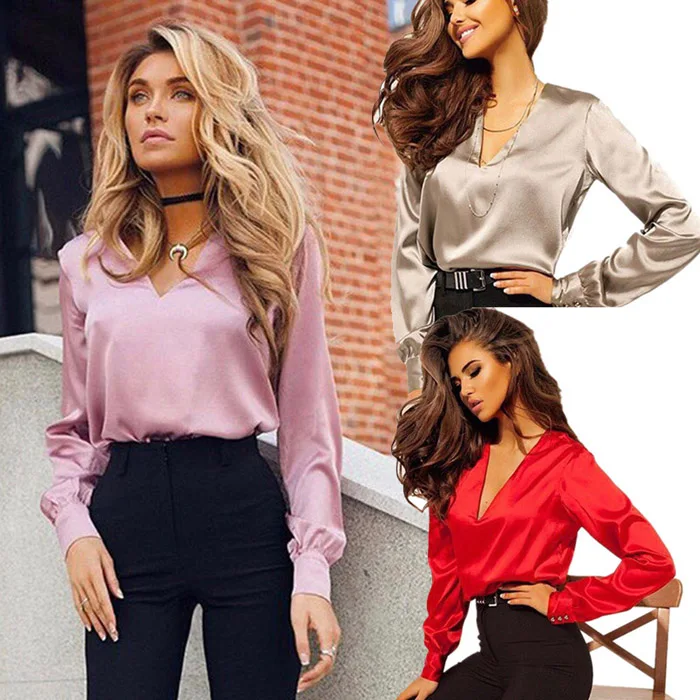 Otoño Invierno 2020 sueltas damas con cuello en V profundo Sexy fiesta de moda blusa de las mujeres Casual Color sólido de manga larga Top satinado|Blusas y camisas| - AliExpress