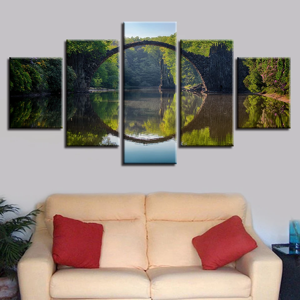 

Pictures HD Printing On Canvas Wall Art 5 Pieces Bridge Forest River And Flower Retro Scenery Painting Modular Decor Living Room