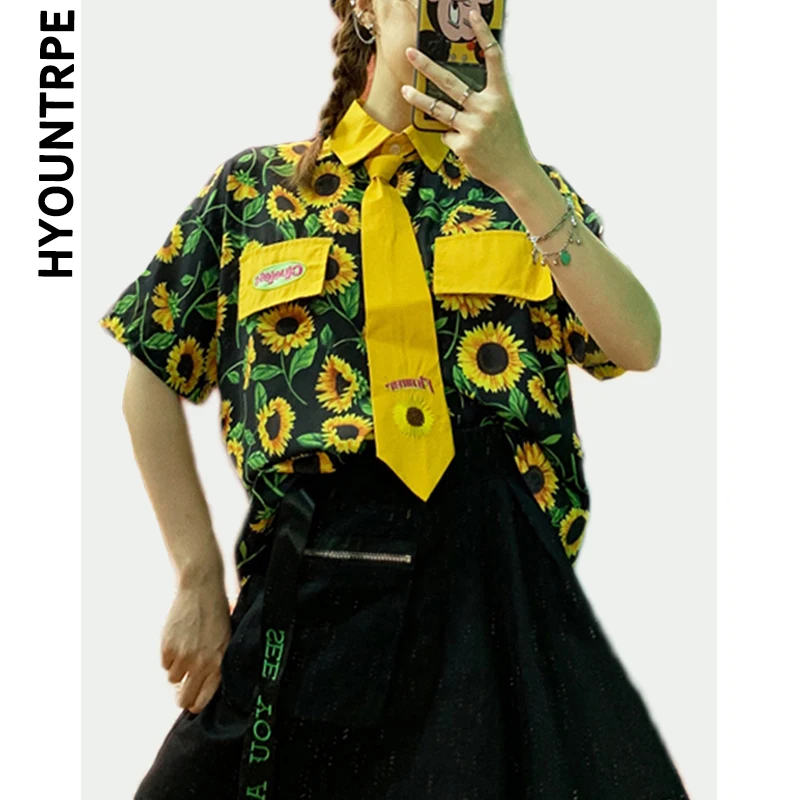 

Harajuku Shirt Blouse Women Floral Printed Short Sleeve Tops Shirt with Necktie New Fashion Skateboard Streetwear Hip Hop Shirts