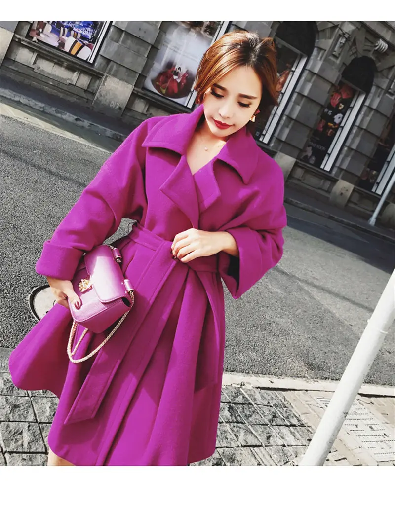 2018 осень-зима новые модные женские туфли фиолетовый Тонкий шерстяной Тренч с отложным воротником с длинными рукавами с поясом средней