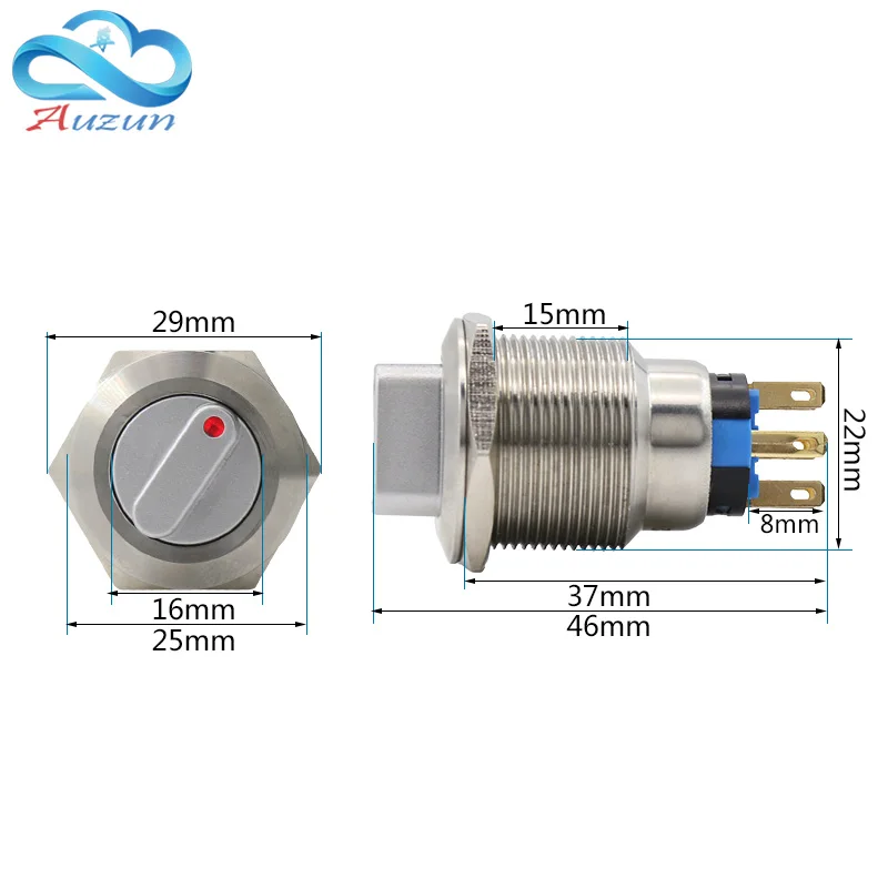 22 мм, самофиксирующиеся металлические кнопки с светильник переключение напряжения 220 В Ток 5A250VDC из водонепроницаемого материала; ржаво-красный, желтый, голубой, белый