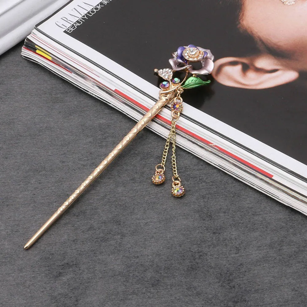 Retro Classical Women Lady Fashion Handmade Metal Rhinestone Hair Stick