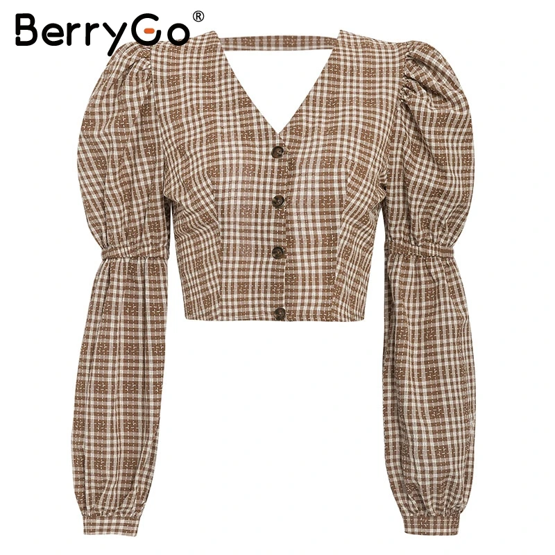 BerryGo Vintage plaid women blouse shirt Sexy backless lace up female top shirt Autumn puff sleeve oversize ladies blouses retro