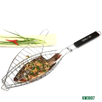 

Hot selling 1 pcs Durable One Fish Grilling Basket w/ Black Wood Handle Fish Grill Rack BBQ Grill Basket for Single Fish KW3007