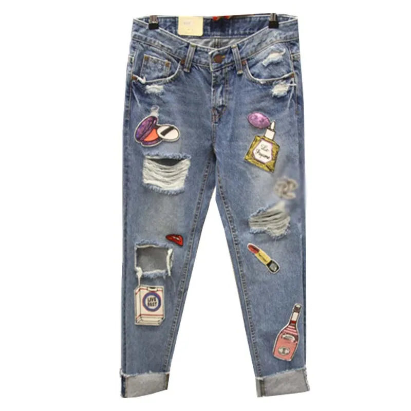 

2019 spring summer fashionu Personality hole jeans women sequins large size loose harem pants