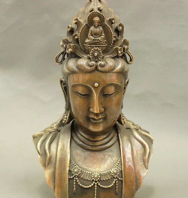 

8" Old Chinese Buddhism Bronze Copper GuanYin Kwan-yin Buddha Head Bust Statue