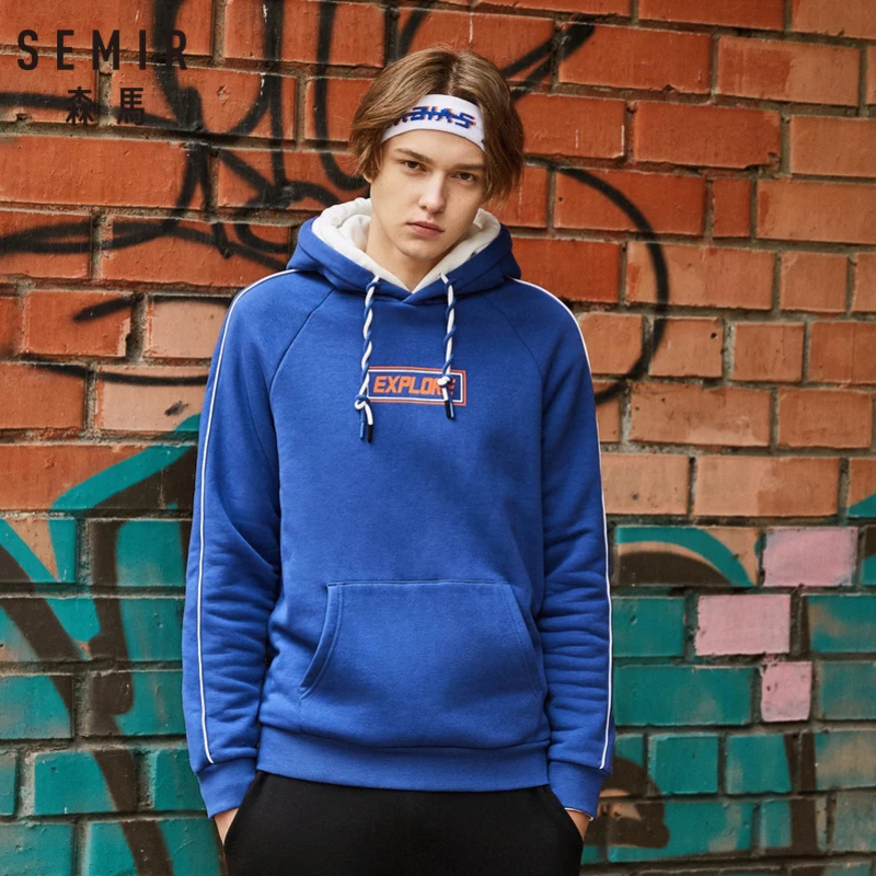 

SEMIR Men Printed Hooded Sweatshirt with Kangaroo Pocket Long Side-Striped Sleeve Pullover Hoodie Ribbing at Cuff and Hem Winter