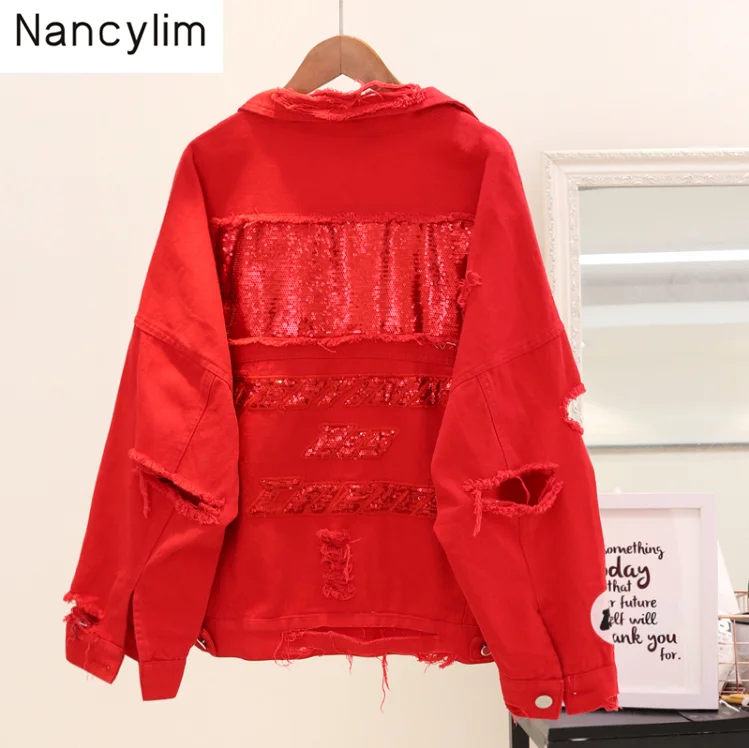 

Autumn Spring New Korean Letters Sequined Denim Jacket Women Loose Holes Joker Fashion Red Jeans Jacket Students Basic Coats