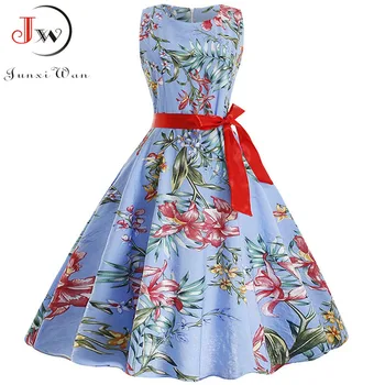 

2019 Women Summer Dress O-Neck Sleeveless 50s Vintage Dress Floral Print Elegant Swing Rockabilly Casual Midi Plus Size Dresses