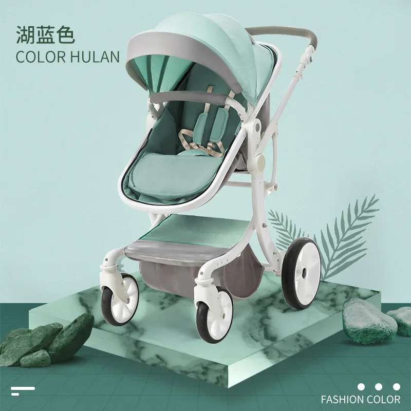 Детская коляска может лежать, высокий пейзаж, складной амортизатор, светильник для новорожденных, детская коляска, новая x-образная рама - Цвет: green