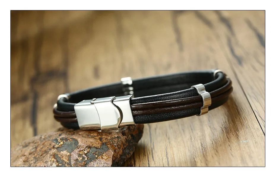 Meaeguet Free Engrave & Laser Personalized Stainless Steel ID Bracelet & Bangle For Men Handmade Genuine Leather Bracelet  (3)