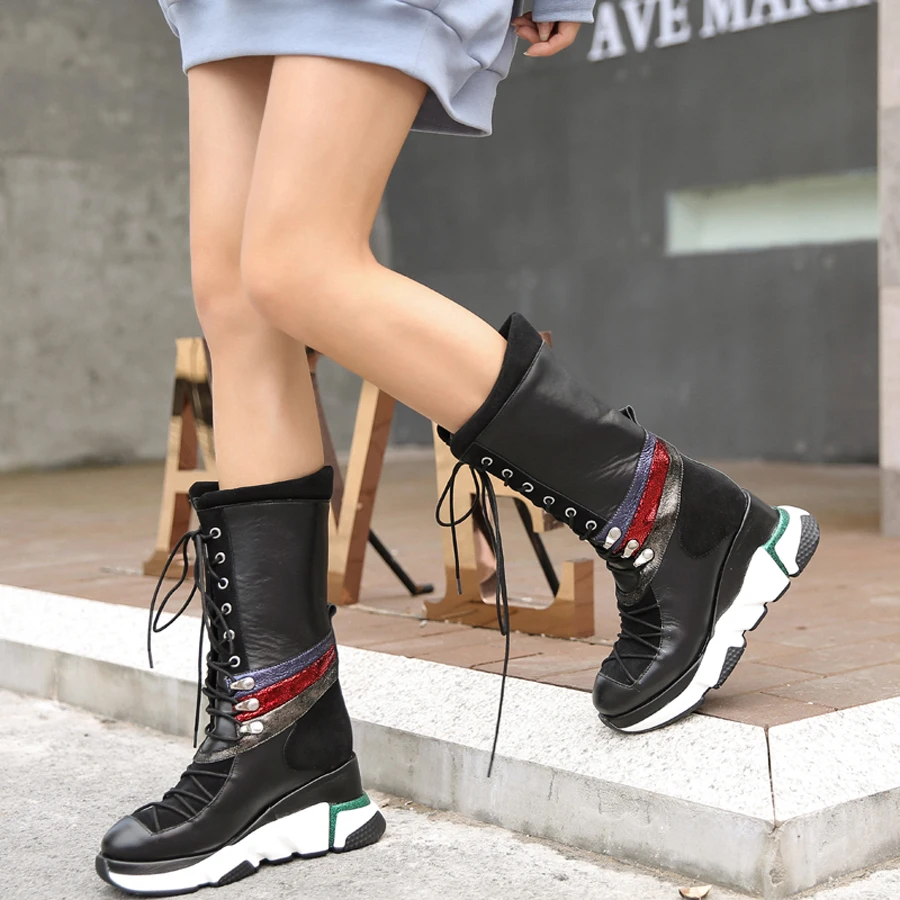 Prova Perfetto черный, красный пояса из натуральной кожи на шнуровке повседневные ботинки женская обувь увеличивающая рост Платформа Сапоги до