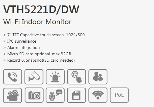 VTH5221D/DW Wi-Fi внутренний монитор H.264 слот для sd-карты черный VTH5221D& Белый VTH5221DW видеодомофон без логотипа