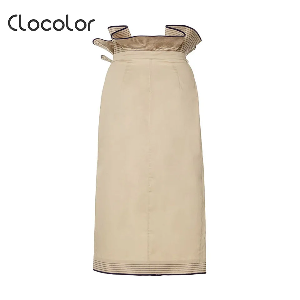 Clocolor Women Casual Skirts 2018 Summer Autumn Khaki Plain Elegant Straight Skirt Ruffles Ankle Length Patchwork Casual Skirt Skirts