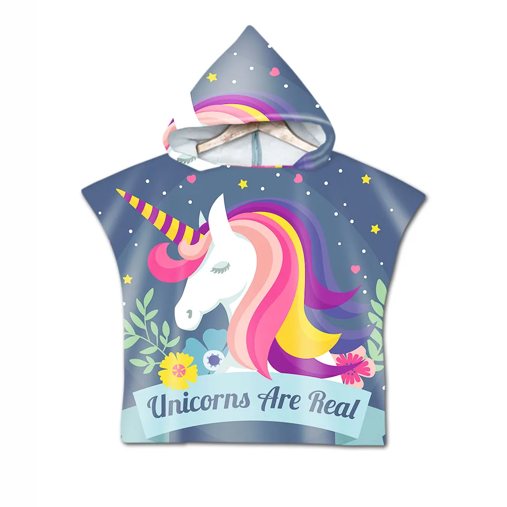 Free shipping Novelty Gift Cute Unicorn Rainbow Stars Hearts Print Microfiber Baby Kids Hooded Swim Bath Beach Towel Poncho Cape