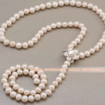 

Big Y Shape Fashion Long Style 8-9mm Natural White Freshwater Pearl Beads Necklace With Shell Flower Clasp For Women