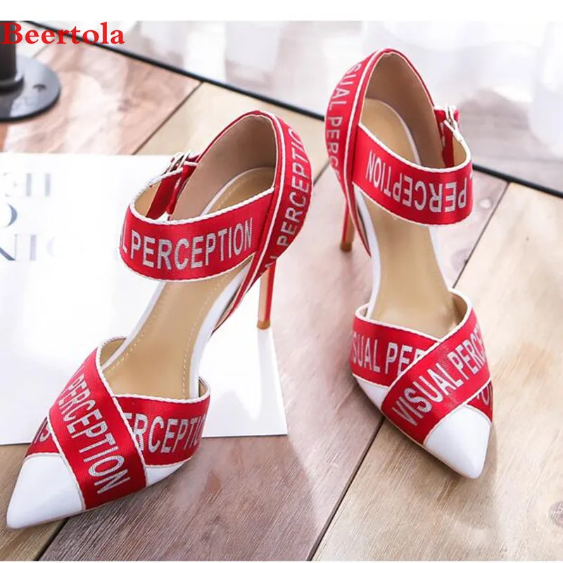 

New Spring Women Pumps Pointed Toe Mixed Color Ribbon Party Shoes High Heels Buckle Strap Print Letters Sexy Dress Shoes Women