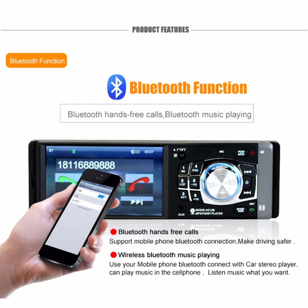 

Cimiva 4.1 inch 12V Bluetooth TFT LED Screen Handsfree Car Radio Stereo MP3/4/5 Player Wheel Remote Control 87.5-108MHz FM/USB