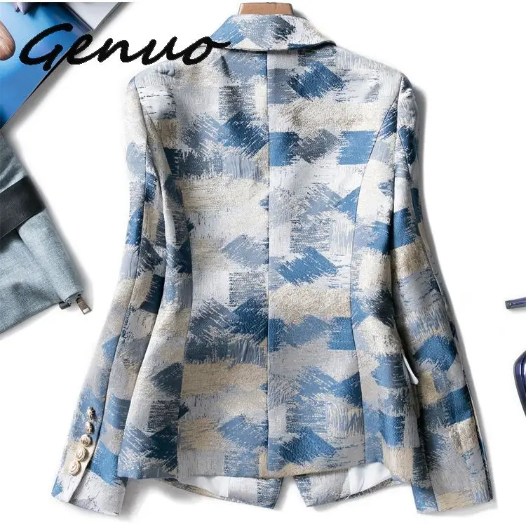Genuo 2019 Brand New Unique Designing Runway Women Notched Double Breasted Plaid Graffiti Printing Autumn Casual Blazer Jacket