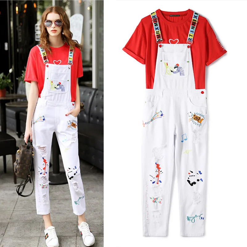 2 Pieces European embroidery holes denim jeans rompers women casual