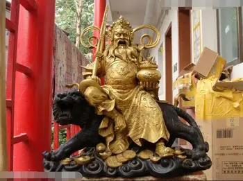 

17"Tibet Temple Pure Bronze gilt god wealth Buddha Ride Tiger Buddha statue