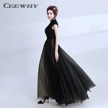 

CEEWHY High Neck Vintage Evening Dress Elegant Prom Formal Dress Vestido de Festa Black Embroidey Evening Gown Abendkleider