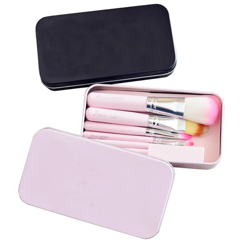 

1set Hello Kitty pink black 7Pc/set Mini Makeup brush Set cosmetics kit de pinceis de maquiagem make up brush Kit with Metal box