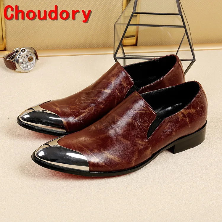 Choudory chaussure homme/летнее свадебное платье ручной работы; мужские итальянские кожаные туфли; Лоферы без застежки со стальным носком на среднем каблуке