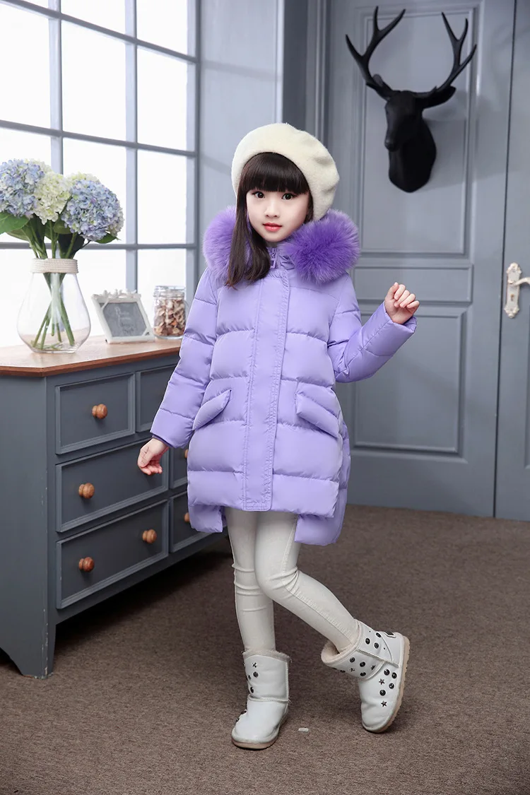 Модный Детский пуховик России зимняя куртка для девочек, пуховик на утином пухе; детская верхняя одежда для холодной погоды, куртка на мороз до-30 градусов теплое пальто