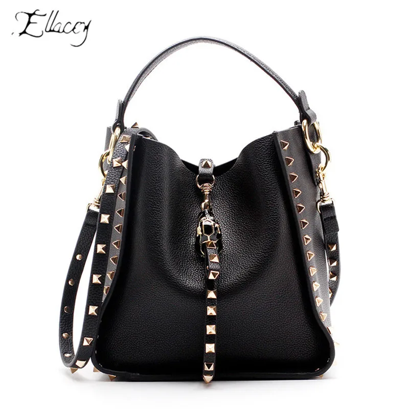 

Personalized Genuine Leather Rivets Women Handbags Soft Gigh Quality Leather One-Shoulder Composite Bag Portable Bucket Bag