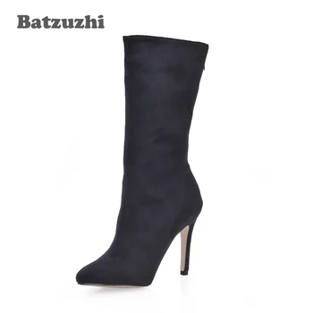 

Batzuzhi 9.7cm High Heel Boots Women Pointed Toe Black Suede Mid-calf Women Boots botas mujer Winter Boots Women, Big Size 43