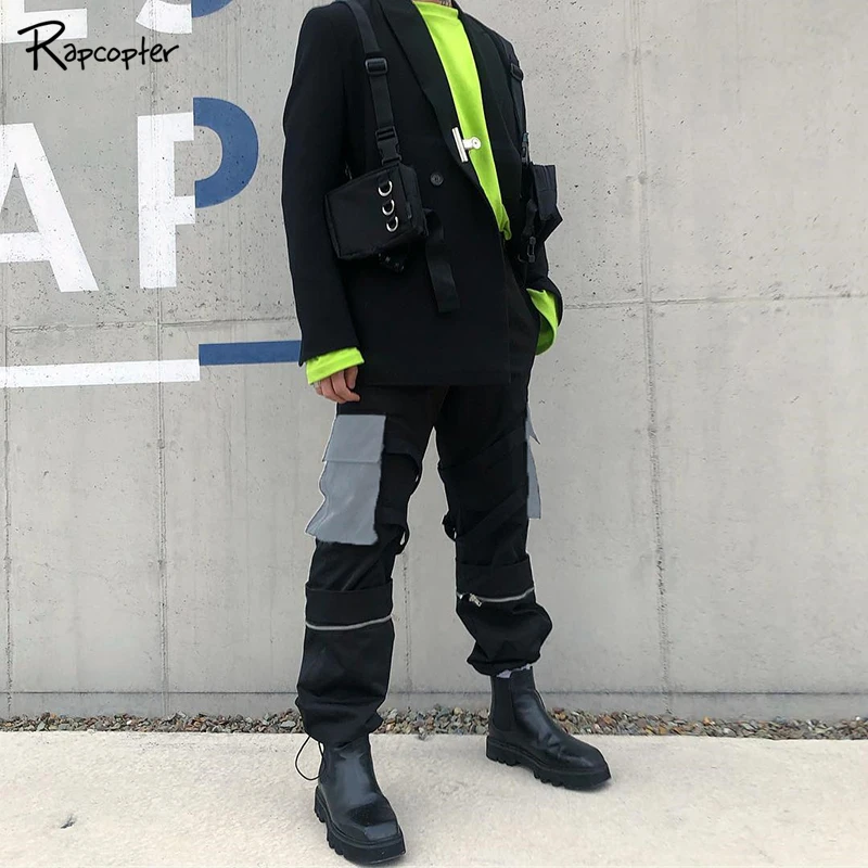 

Rapcopter Casual Reflective Women Full Length High Elastic Waist Patchwork Pockets Cargo Pants Ladies Streetwaer Punk Pants 2019