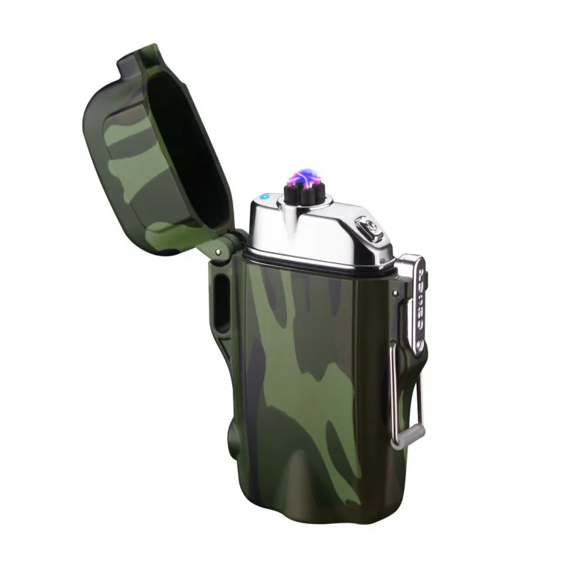 USB Waterproof Electric Plasma Lighter Camouflage With Flashlight Outdoor Double Arc Pulse Lighter Windproof USB Lighter NEW