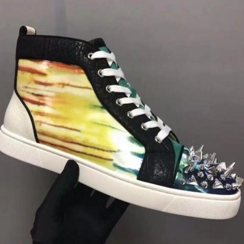

Designer High Cut Mixed color leather With Sliver Spikes Toe shoes Lace up Red bottoms shoes For Men Sneakers Leather Footwear