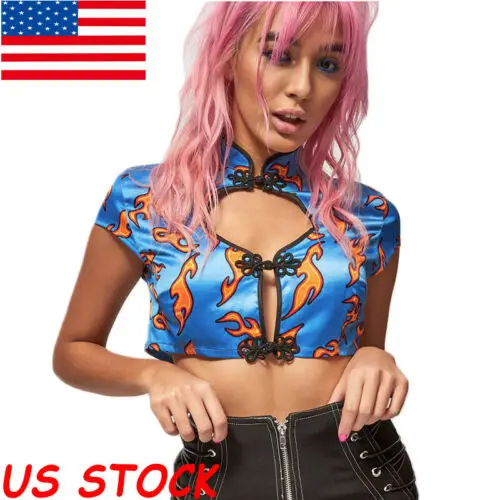

2019 Lady Women Flame Printed Shirt Tee Crop Top Short Sleeve Tank Clubwear