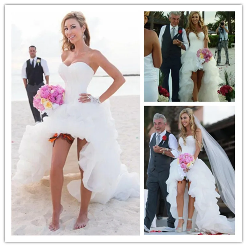 

High Low Beach Wedding Dresses 2019 Summer Sweetheart Neckline Ivory Ruffled Tulle Short Front Long Back Corset Bridal Gowns
