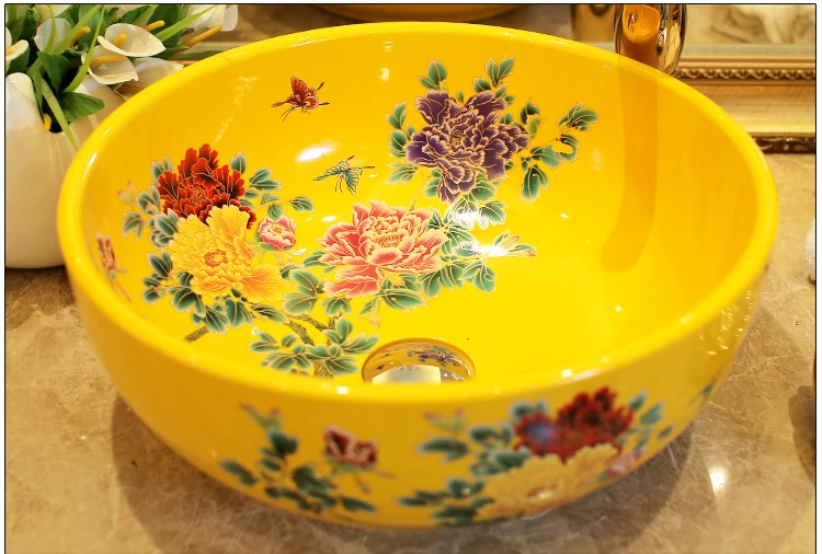 Europe Vintage Style Lavobo Ceramic Washing Basin Counter top Bathroom Sink hand painted vessel sinks Peony painting black (5)