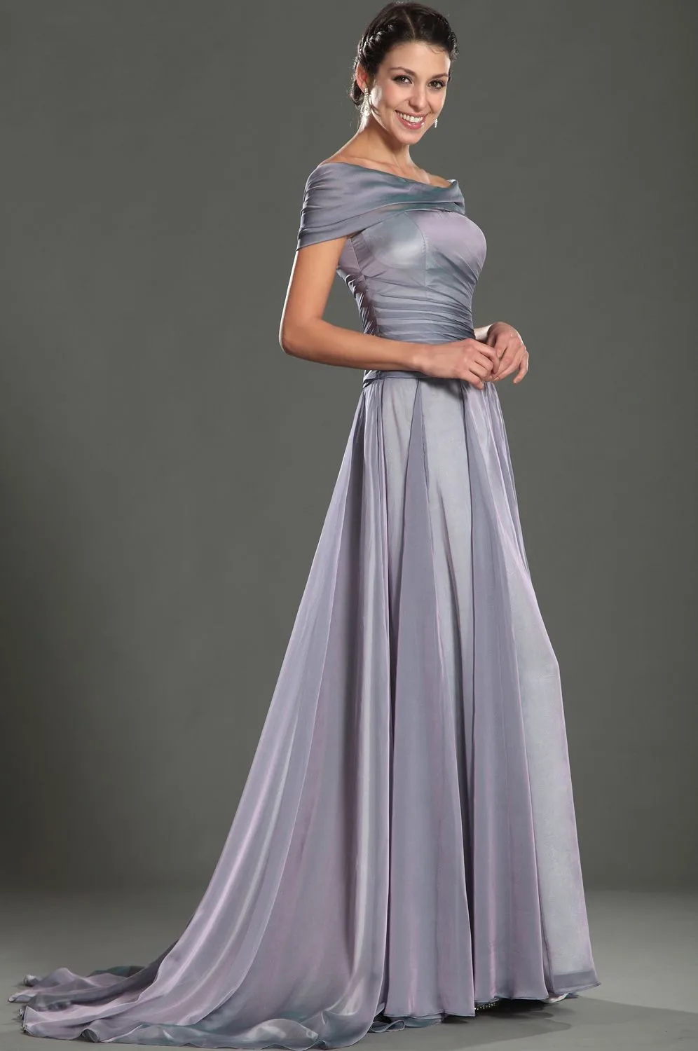 Серые Вечерние платья а силуэта с рукавами крылышками шифоновое длинное