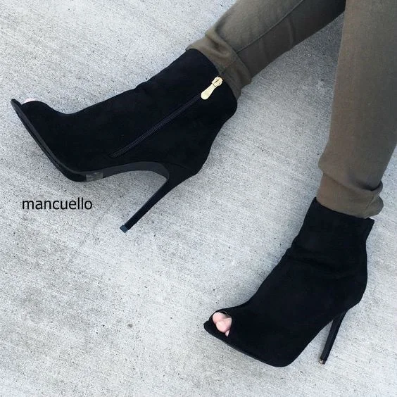 

Elegant Women Black Suede Ankle Boots Stylish Peep Toe Stiletto Heels Concise Design Side Zip Sandal Booties Pretty Women Shoes