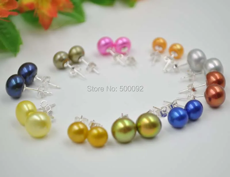 wholesale 7 9mm multicolor freshwater button pearl Earrings studs 925