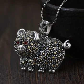

FNJ 925 Silver Pig Pendant New Fashion Red Zircon 100% Pure S925 Original Thai Silver Pendants for Women Men Jewelry Making