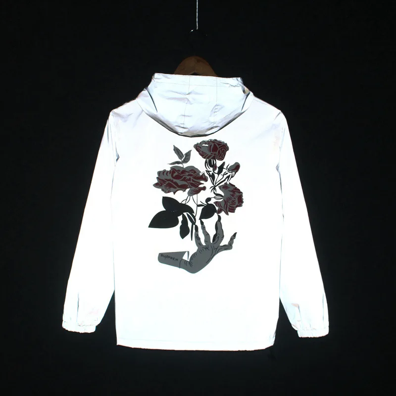 

2017 Lovers Summer Autumn Hand Flowers Men Windbreaker 3M Reflective Jacket Casual Hip Hop Original Hooded Male Jackets Coat