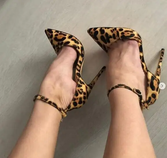

Moraima Snc Sexy Leopard Printed High Heel Shoes Woman Super High 12CM Thin Heels Ankle Strap Pumps Cutouts Stiletto Heels