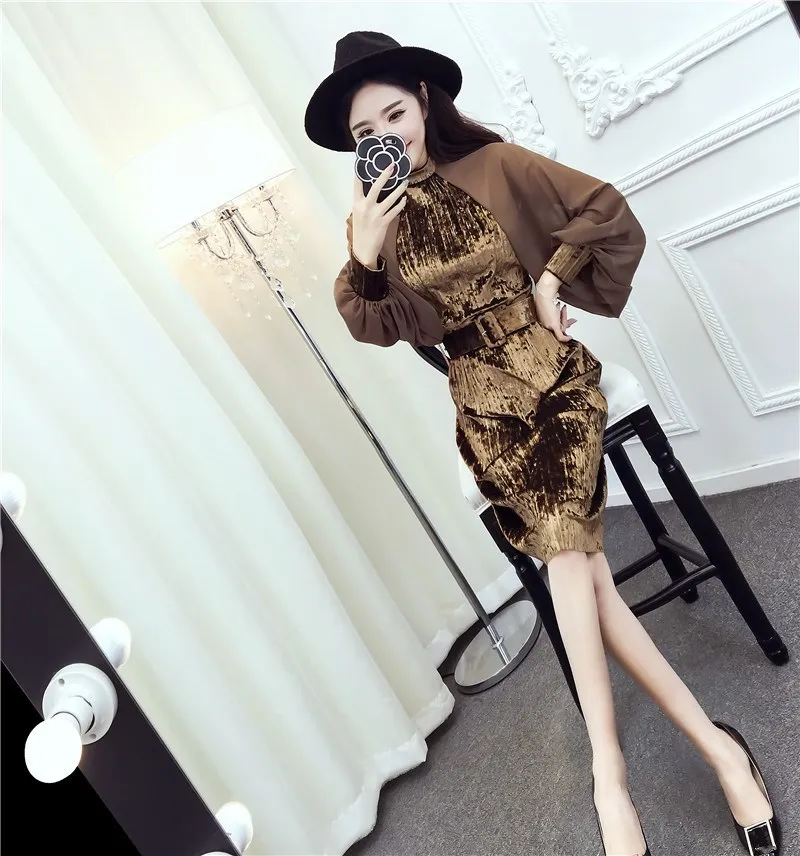 2018 Autumn Fashion Chiffon Lanterns Sleeve Velvet Patchwork Dresses Vintage Sashes Pleated Velvet Dress Dresses