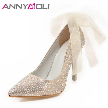 

ANNYMOLI Women Pumps High Heels Glitter Wedding Shoes Sexy Pointed Toe Thin Heel Bridal Shoes Spring Party Female Pumps Red Gold