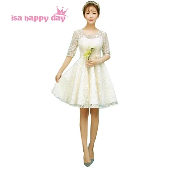 

modest bridesmaid girl knee length special occasion lace short champagne color dress half sleeve elegant teen dresses H3879