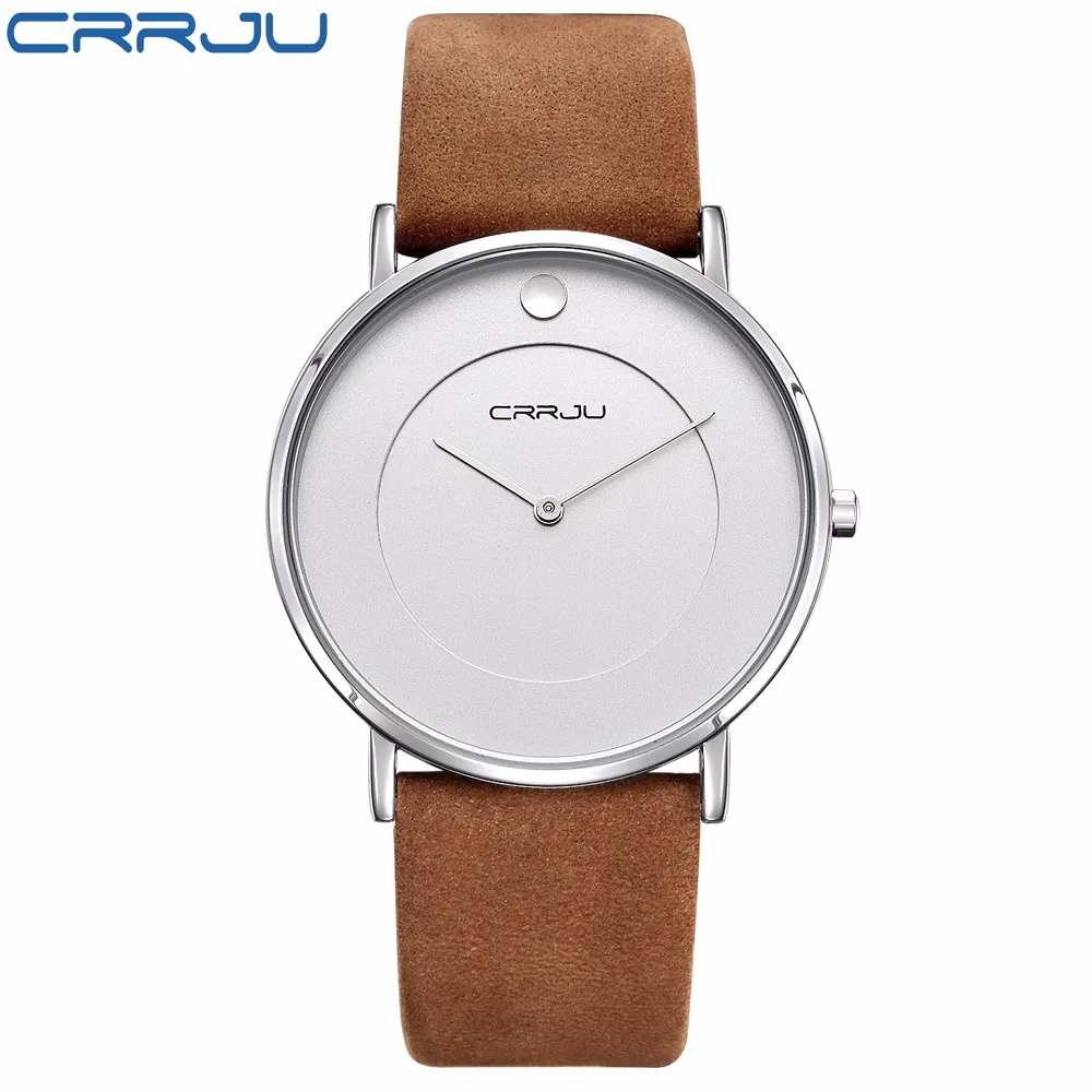 CRRJU новые брендовые Мужские Простые спортивные аналоговые кварцевые часы с черным кожаным ремешком модные мужские часы с большим циферблатом Relogio Masculino - Цвет: silver
